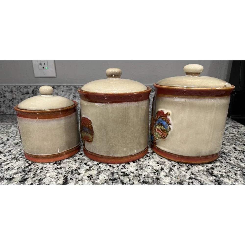 Vintage Rooster Chicken Canister Set of 3 Glazed Pottery Farmhouse Grandma Core